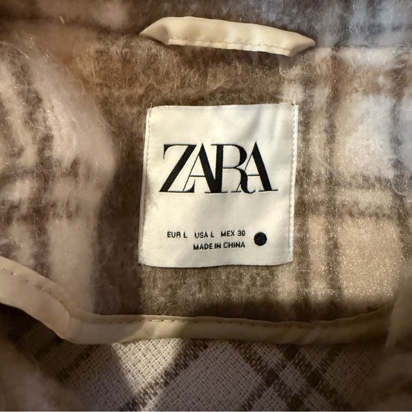 ZARA Plaid Shirt Jacket Women’s‎ Size Large Cream Tan Gray Long Sleeve Collared - Picture 6 of 8